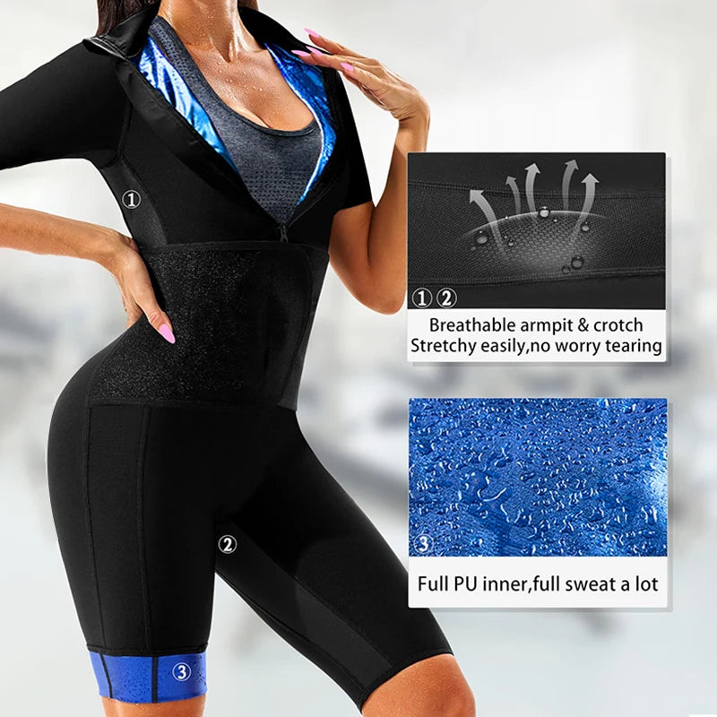 Sauna Suit for Women Slimming Jumpsuit Full Body Heat Trapping Shirt Sweat Top with Adjust Waist and Breathable Armpit&Crotch