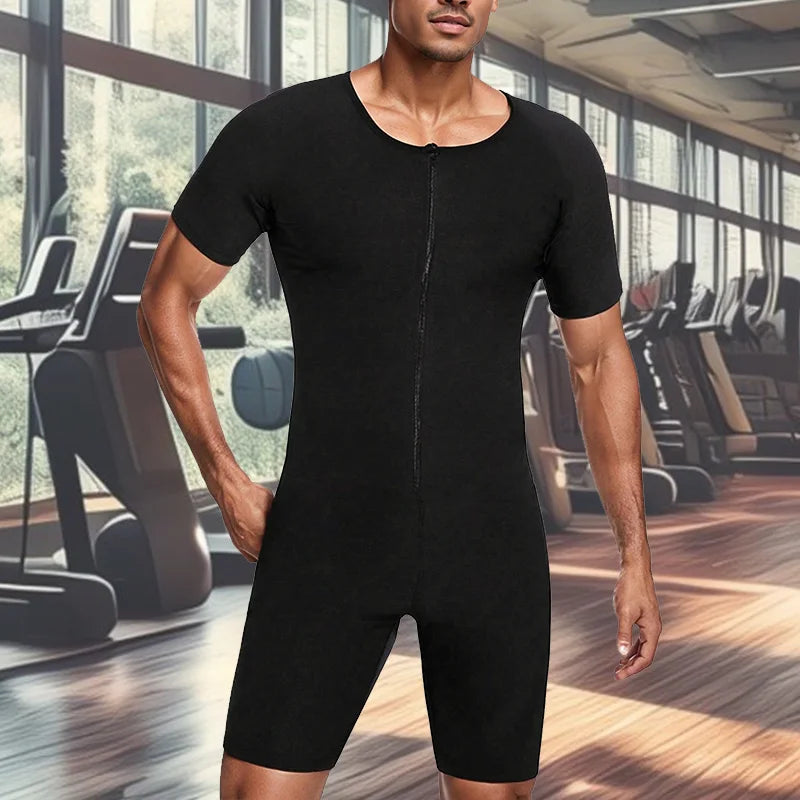 Sauna Sweat Suits for Men 3-In-1 Full Body Fat Workout Weight Loss Slimming Shaper Waist Trainer Short Sleeve Shorts Jumpsuits