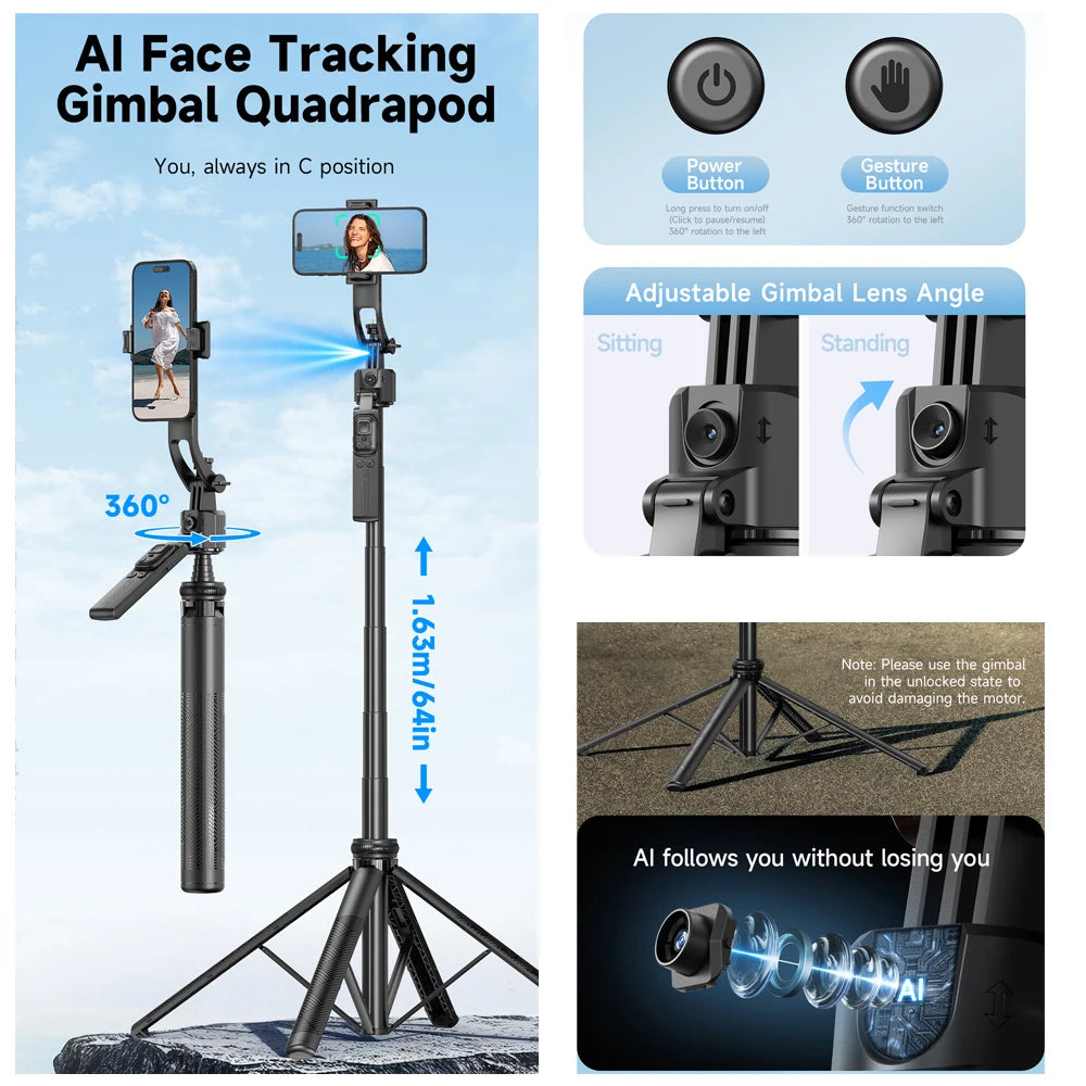 AI Smart Gimbal Tripod Selfie Stick Foldable 360° Auto Follow-Up Face Tracking Gimbal All-In-One Phone Holder for Smartphone