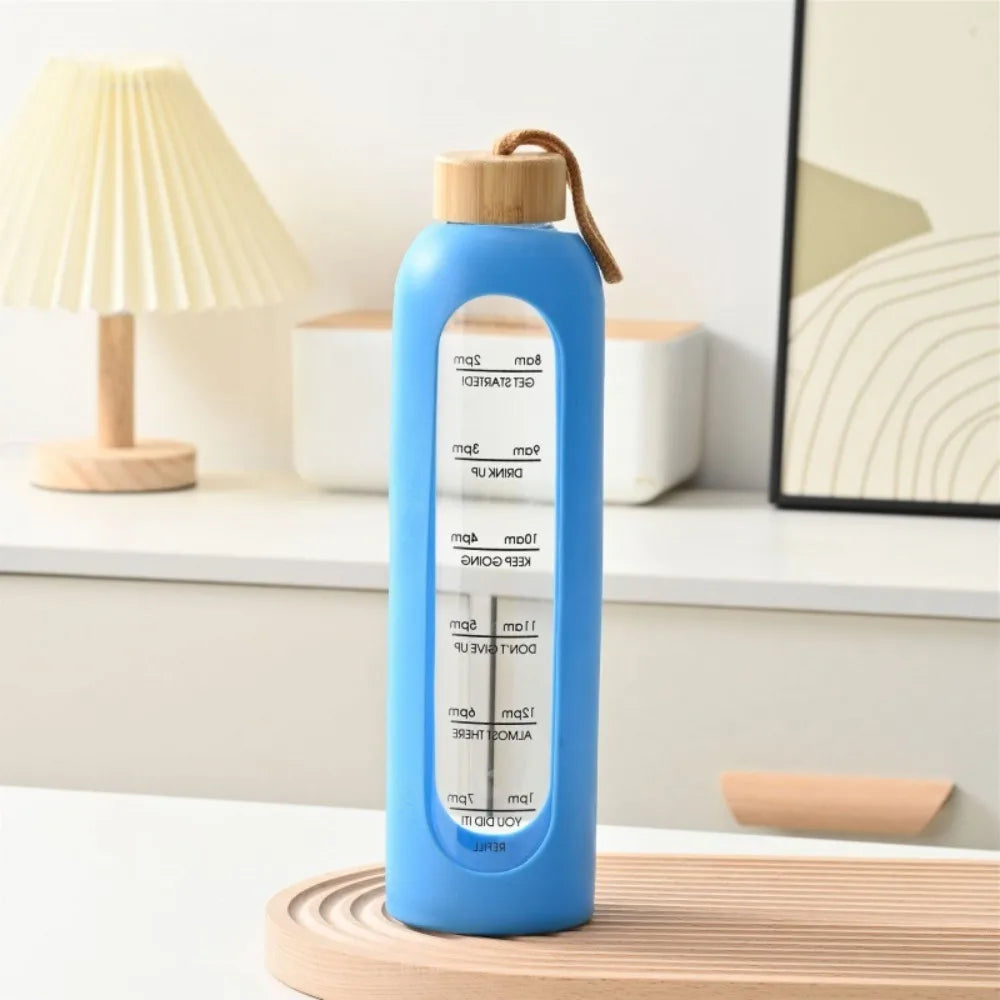 32Oz 1L Time-Marked Glass Water Bottles Portable Drink Bottle Bamboo Lid Free of Lead Motivational Sport Silicone Sleeve Bottle