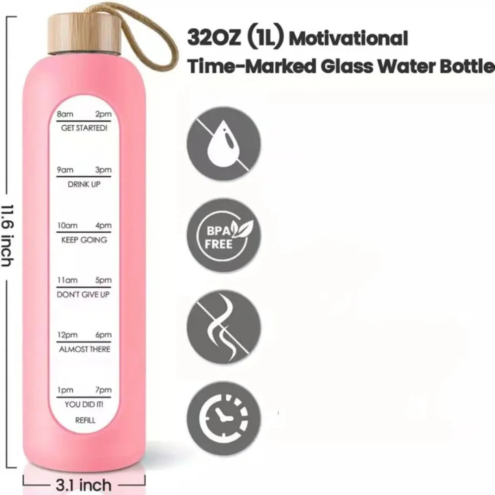 32Oz 1L Time-Marked Glass Water Bottles Portable Drink Bottle Bamboo Lid Free of Lead Motivational Sport Silicone Sleeve Bottle