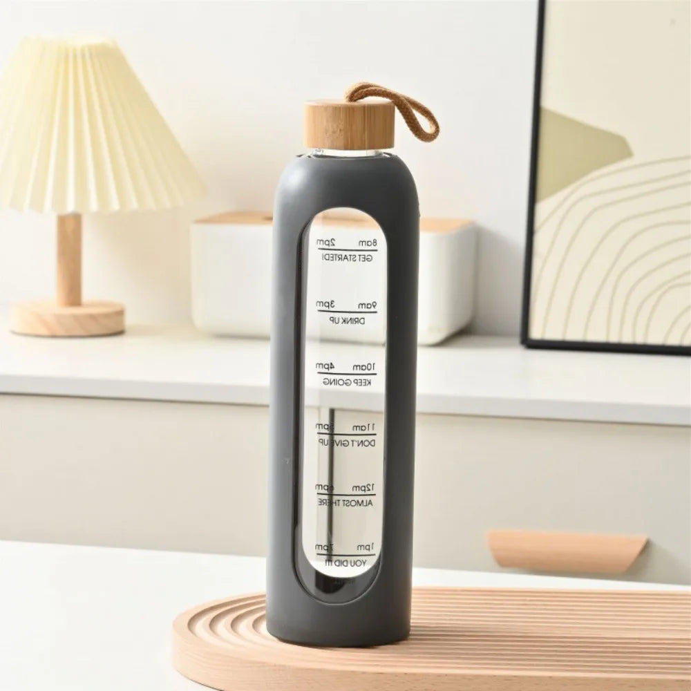 32Oz 1L Time-Marked Glass Water Bottles Portable Drink Bottle Bamboo Lid Free of Lead Motivational Sport Silicone Sleeve Bottle