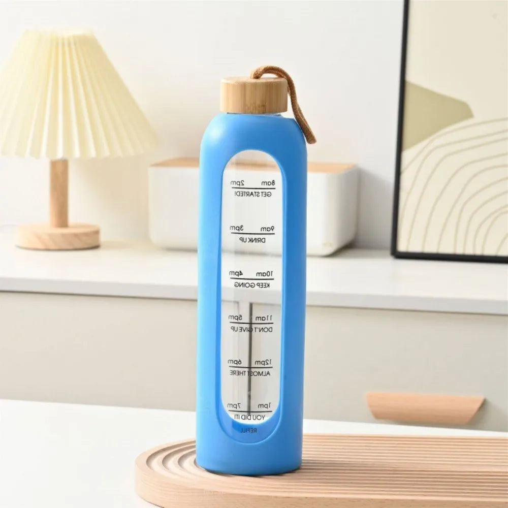 32Oz 1L Time-Marked Glass Water Bottles Portable Drink Bottle Bamboo Lid Free of Lead Motivational Sport Silicone Sleeve Bottle