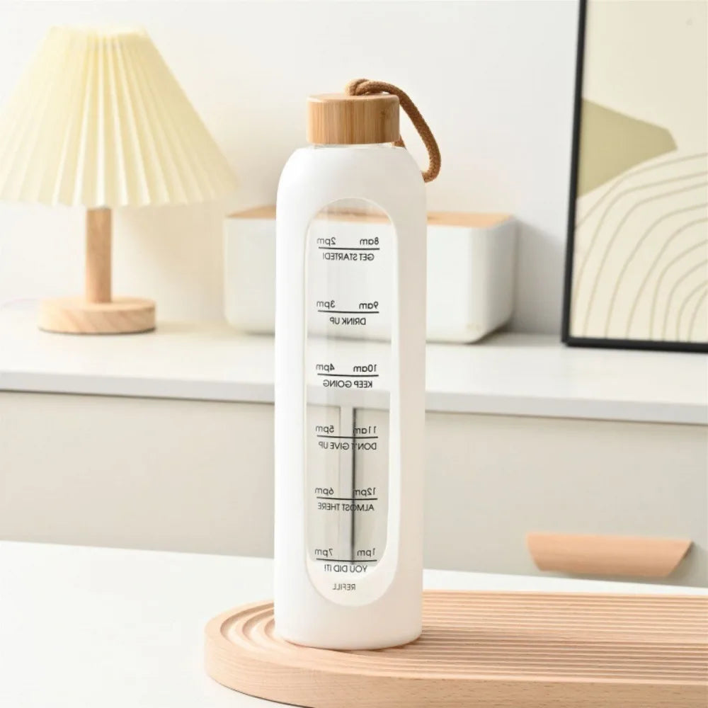 32Oz 1L Time-Marked Glass Water Bottles Portable Drink Bottle Bamboo Lid Free of Lead Motivational Sport Silicone Sleeve Bottle