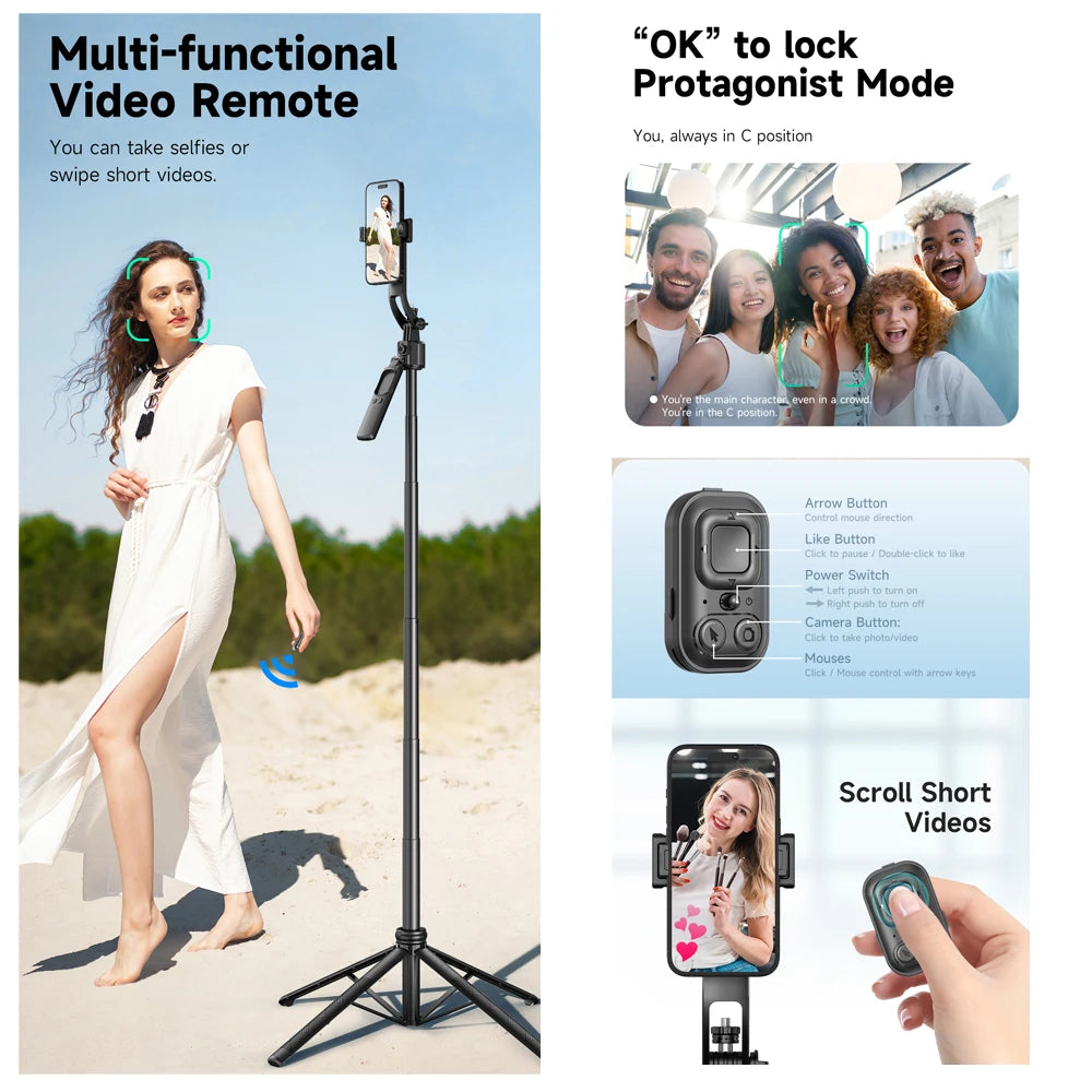 AI Smart Gimbal Tripod Selfie Stick Foldable 360° Auto Follow-Up Face Tracking Gimbal All-In-One Phone Holder for Smartphone