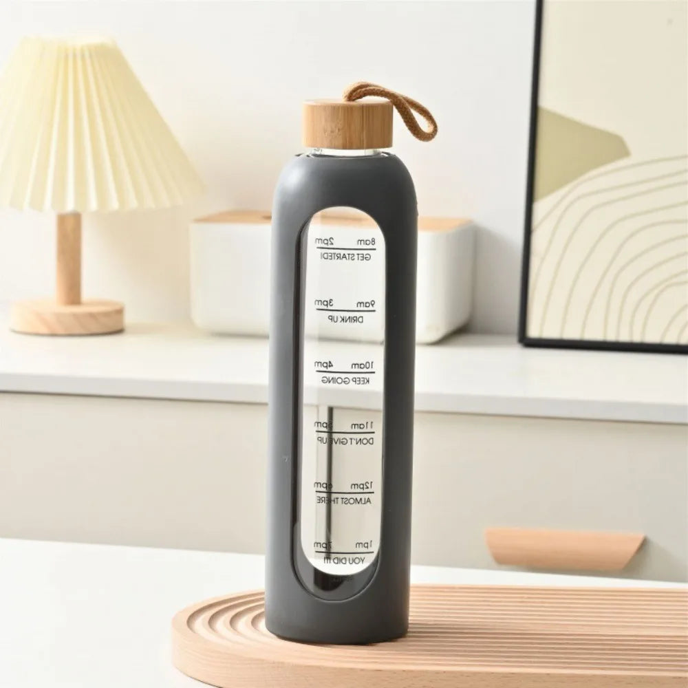 32Oz 1L Time-Marked Glass Water Bottles Portable Drink Bottle Bamboo Lid Free of Lead Motivational Sport Silicone Sleeve Bottle