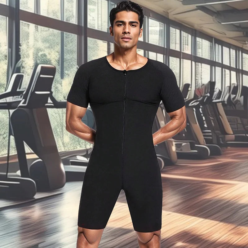 Sauna Sweat Suits for Men 3-In-1 Full Body Fat Workout Weight Loss Slimming Shaper Waist Trainer Short Sleeve Shorts Jumpsuits