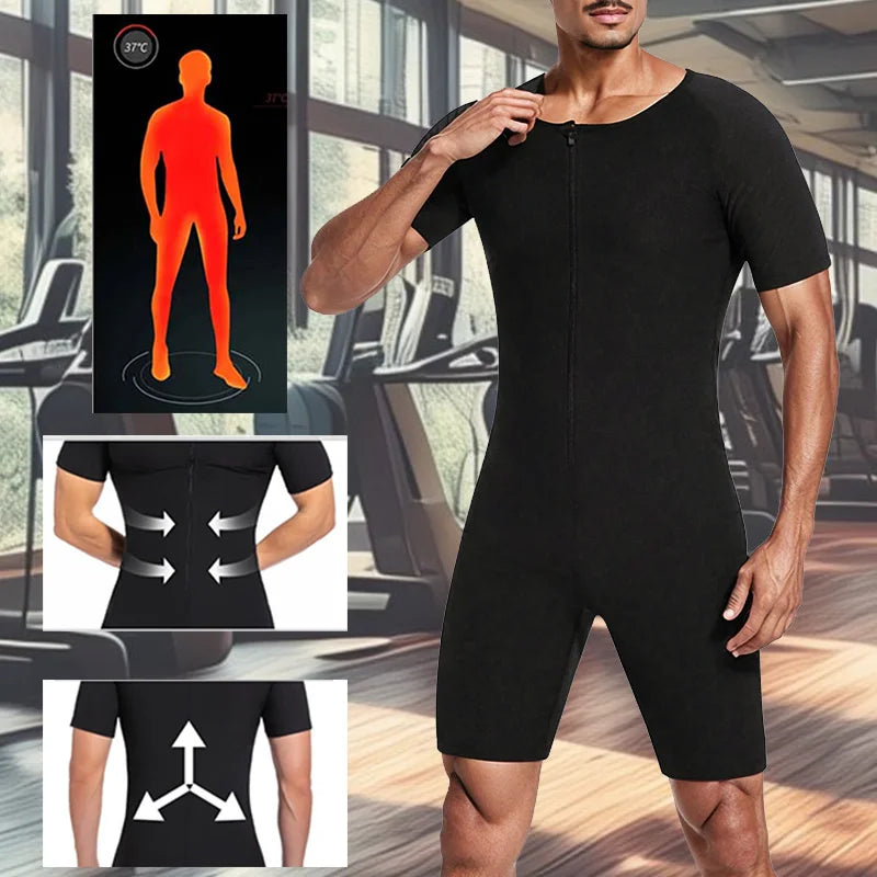 Sauna Sweat Suits for Men 3-In-1 Full Body Fat Workout Weight Loss Slimming Shaper Waist Trainer Short Sleeve Shorts Jumpsuits