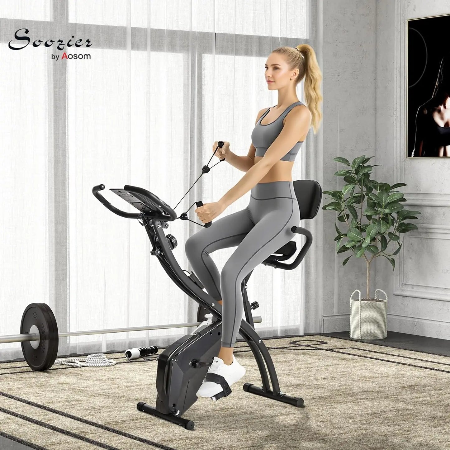 Folding Exercise Bike, 3-In-1 Recumbent Exercise Bike, Upright Workout Bike with Pulse Sensor, Arm Resistance Bands, Adjustable