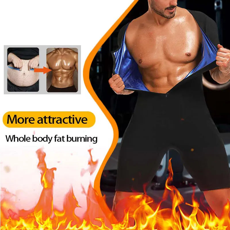 Men'S 3-In-1 Sauna Sweat Shirt Heat Trapping Weight Loss Full Body Shaper Workout Short Sleeve Shorts Exercise Fitness Jumpsuits