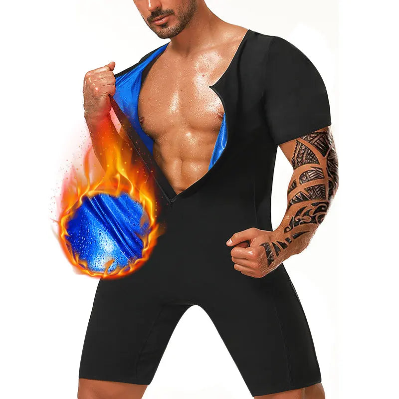 Men'S 3-In-1 Sauna Sweat Shirt Heat Trapping Weight Loss Full Body Shaper Workout Short Sleeve Shorts Exercise Fitness Jumpsuits