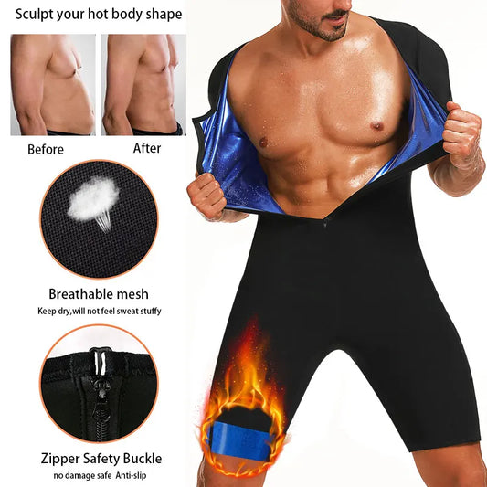 Men'S 3-In-1 Sauna Sweat Shirt Heat Trapping Weight Loss Full Body Shaper Workout Short Sleeve Shorts Exercise Fitness Jumpsuits