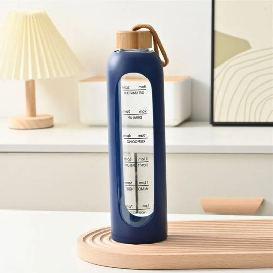 32Oz 1L Time-Marked Glass Water Bottles Portable Drink Bottle Bamboo Lid Free of Lead Motivational Sport Silicone Sleeve Bottle