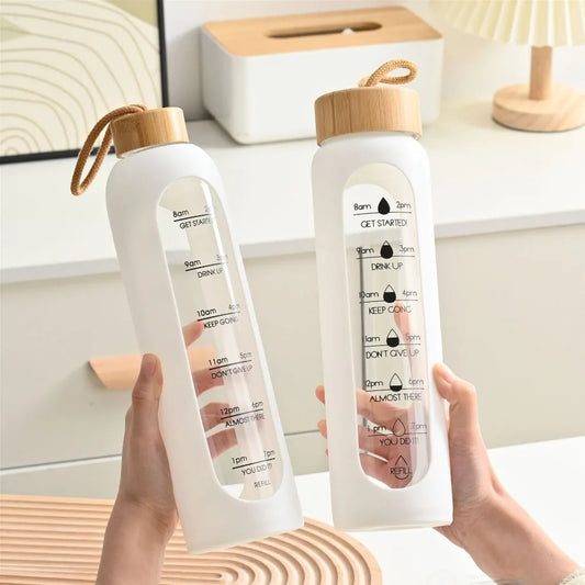 32Oz 1L Time-Marked Glass Water Bottles Portable Drink Bottle Bamboo Lid Free of Lead Motivational Sport Silicone Sleeve Bottle
