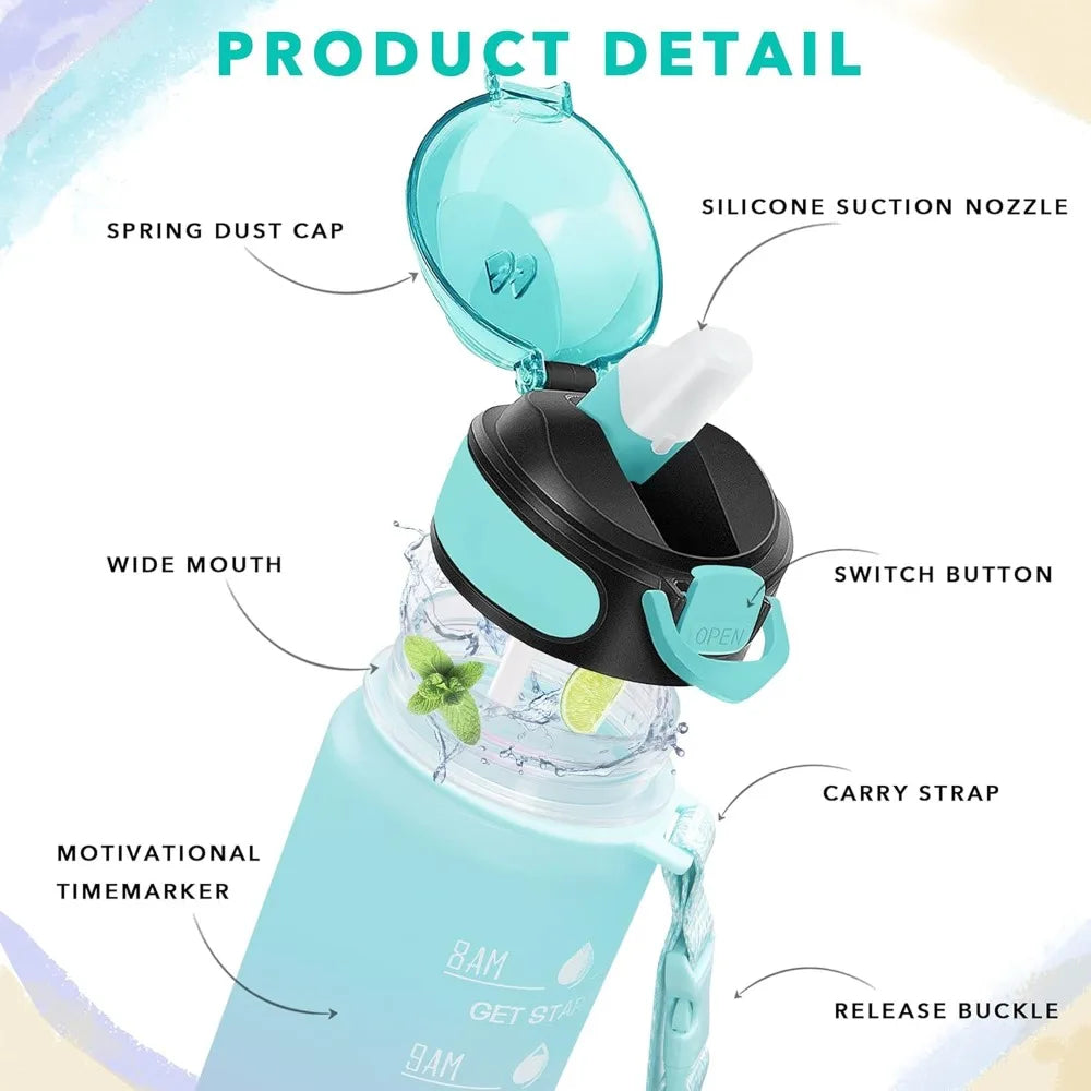 32 Oz Drinking Water Bottle with Times to Drink and Straw, Motivational with Carrying Strap, Leakproof BPA & Toxic Free