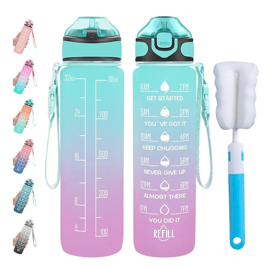 32 Oz Drinking Water Bottle with Times to Drink and Straw, Motivational with Carrying Strap, Leakproof BPA & Toxic Free