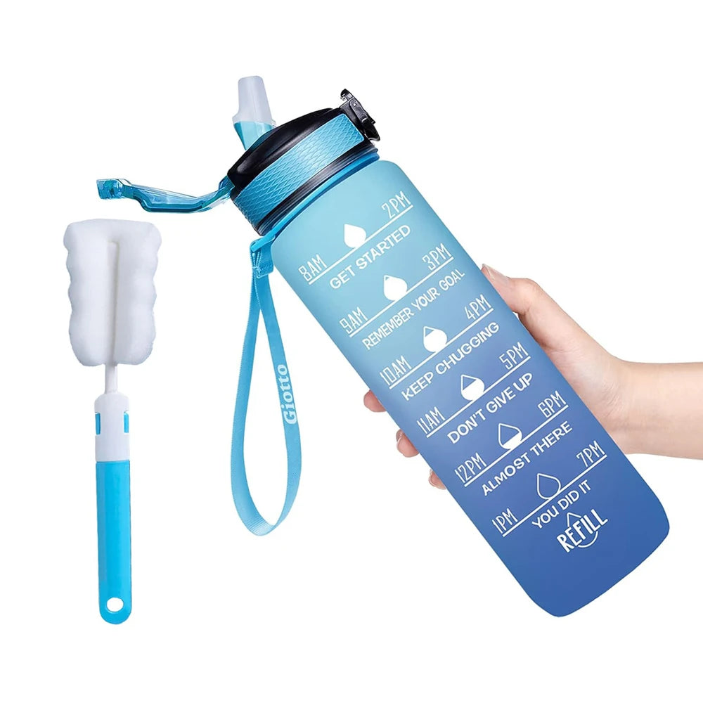 32 Oz Drinking Water Bottle with Times to Drink and Straw, Motivational with Carrying Strap, Leakproof BPA & Toxic Free