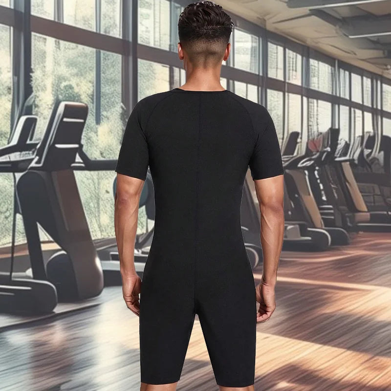 Sauna Sweat Suits for Men 3-In-1 Full Body Fat Workout Weight Loss Slimming Shaper Waist Trainer Short Sleeve Shorts Jumpsuits