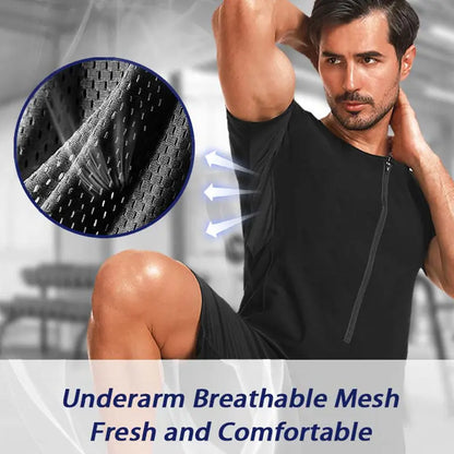 Men'S 3-In-1 Sauna Sweat Shirt Heat Trapping Weight Loss Full Body Shaper Workout Short Sleeve Shorts Exercise Fitness Jumpsuits
